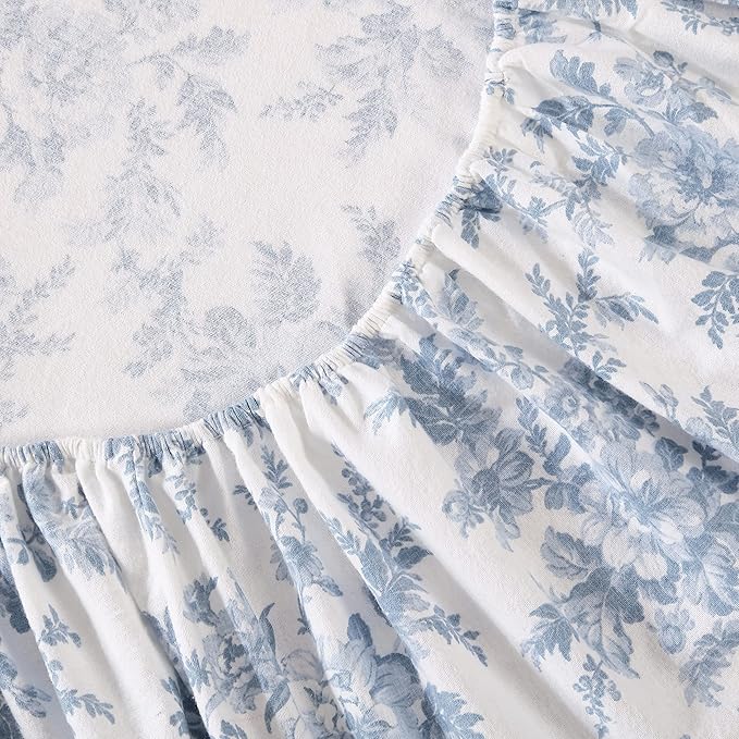 Laura Ashley - Flannel Sheets King Size, Anti-Pilling & Wrinkle Resistant Cotton, Touchably Soft for All-Season Comfort - Bed Sheets with Matching Pillowcases & Fitted Sheet (Vanessa Blue)
