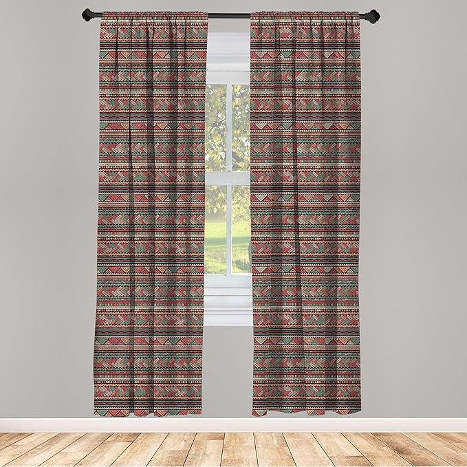 Ambesonne Boho Window Curtains, Hand Drawn Inspired Print of Triangles Colorful Latin American Folklore Motifs, Lightweight Decor 2-Panel Set with Rod Pocket, Pair of - 28" x 84", Maroon Coral