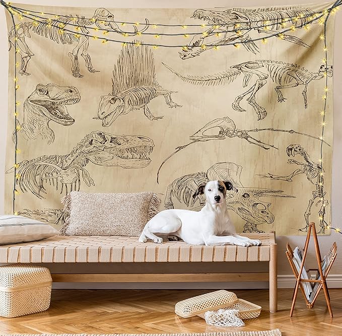 Lunarable Dinosaur Tapestry King Size, Hand Drawn Style Skeletons Bones from Medieval Times Archeology Theme, Wall Hanging Bedspread Bed Cover Wall Decor, King Size, Sand Brown Army Green