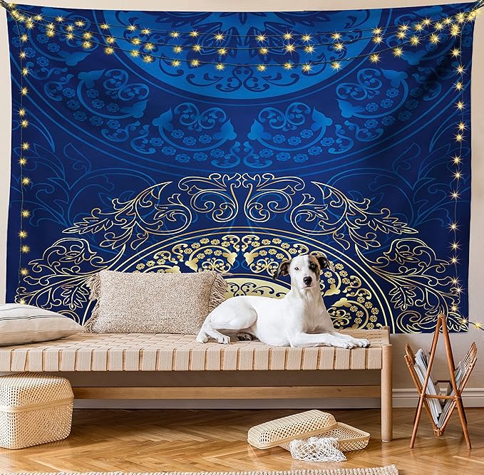 Lunarable Royal Blue Tapestry King Size, Vintage Eastern Circular Floral Old Fashioned Design, Wall Hanging Bedspread Bed Cover Wall Decor, King Size, Blue Yellow