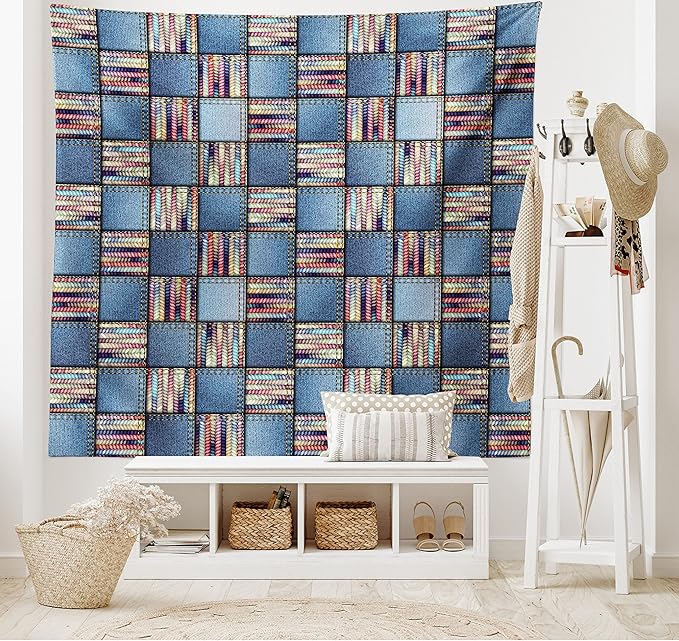 Lunarable Geometric Tapestry King Size, Quilt Design with Scraps of Denim and Knit Graphic Colorful Melange Print, Wall Hanging Bedspread Bed Cover Wall Decor, King Size, Blue