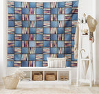 Lunarable Geometric Tapestry King Size, Quilt Design with Scraps of Denim and Knit Graphic Colorful Melange Print, Wall Hanging Bedspread Bed Cover Wall Decor, King Size, Blue