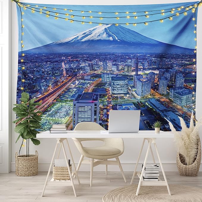 Ambesonne Scenery Tapestry, Skyline of Mt. Hill and Yokohama Japan Financial District Mountain Volcano Landscape, Wide Wall Hanging for Bedroom Living Room Dorm, 80" X 60", Blue