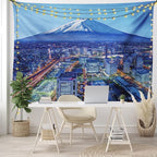 Ambesonne Scenery Tapestry, Skyline of Mt. Hill and Yokohama Japan Financial District Mountain Volcano Landscape, Wide Wall Hanging for Bedroom Living Room Dorm, 80" X 60", Blue