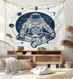 Lunarable Moon Phases Tapestry, Spaceman Silhouette Sitting in Lotus Pose Yoga Zodiac Harmony, Wall Hanging for Bedroom Living Room Dorm Decor, 60" X 80", Blue White
