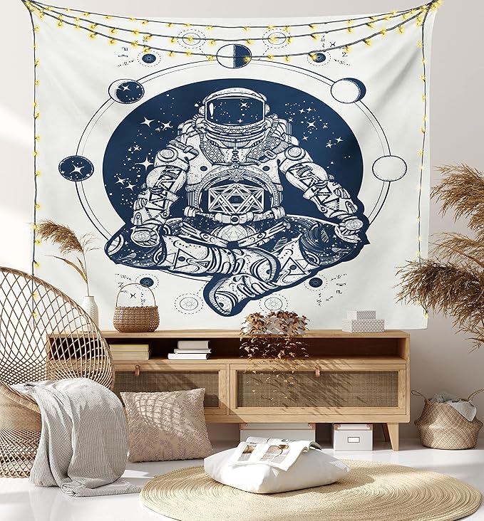 Lunarable Moon Phases Tapestry, Spaceman Silhouette Sitting in Lotus Pose Yoga Zodiac Harmony, Wall Hanging for Bedroom Living Room Dorm Decor, 60" X 80", Blue White