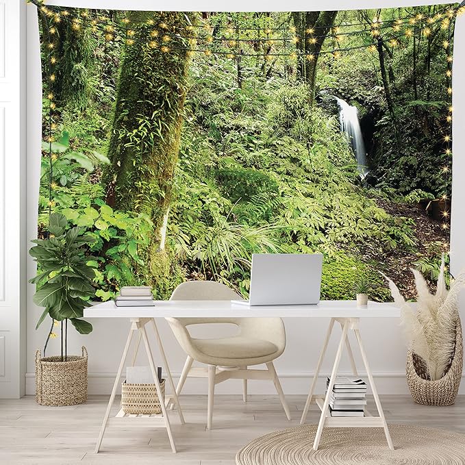 Lunarable Woodland Tapestry King Size, Waterfall in Deep Forest Scenery in The Woods Green of Earth Covering Plants, Wall Hanging Bedspread Bed Cover Wall Decor, King Size, Forest Green