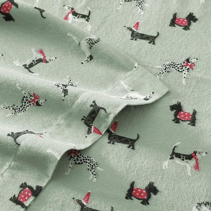 Laura Ashley - Flannel Sheets Full Size, Anti-Pilling & Wrinkle Resistant Cotton, Touchably Soft for All-Season Comfort - Bed Sheets with Matching Pillowcases & Fitted Sheet (Holiday Pups Green)