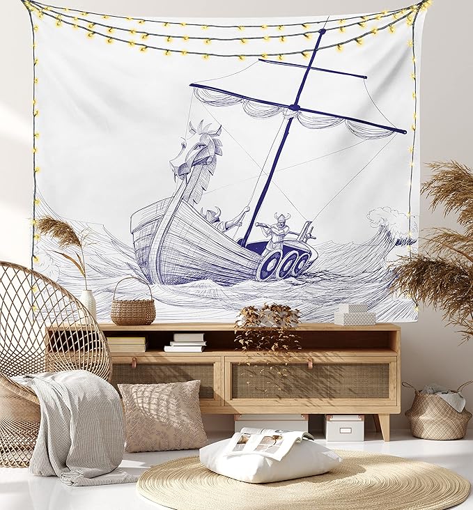 Lunarable Viking Tapestry, Drakkar Long Boat with Dragon on Bow of Ship Monochrome Marine Pattern, Fabric Wall Hanging Decor for Bedroom Living Room Dorm, 23" X 28", White Purple