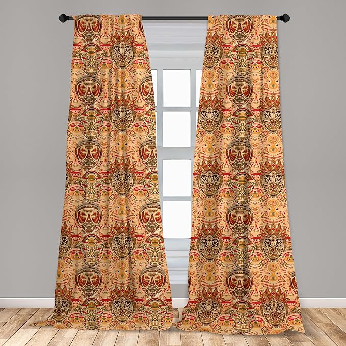Ambesonne African Curtains, Motif with Pattern Design, Window Treatments 2 Panel Set for Living Room Bedroom, Pair of - 28" x 84", Brown Orange