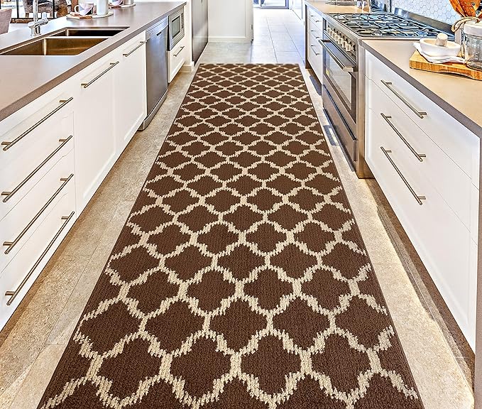 Custom Size Cut to Length Moroccan Trellis Design Runner Rug Mat For Wide Long Hallways with Non-Slip Rubber Backing, Better Traction for Pets, Prevent Slippage, Trellis Brown, 31 inch X 8 feet