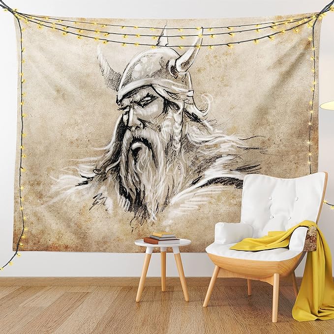 Lunarable Viking Tapestry, Sketch Style Scandinavian Warrior with Beard and Hat Masculine Portrait Tattoo, Wide Wall Hanging for Bedroom Living Room Dorm, 80" X 60", Beige Tan