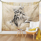 Lunarable Viking Tapestry, Sketch Style Scandinavian Warrior with Beard and Hat Masculine Portrait Tattoo, Wide Wall Hanging for Bedroom Living Room Dorm, 60" X 40", Beige Tan