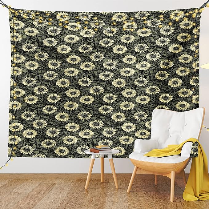 Lunarable Sunflower Tapestry Queen Size, Abstract Nature Inspired Illustration Bouquet Retro Composition, Wall Hanging Bedspread Bed Cover Wall Decor, Queen Size, Yellow Green