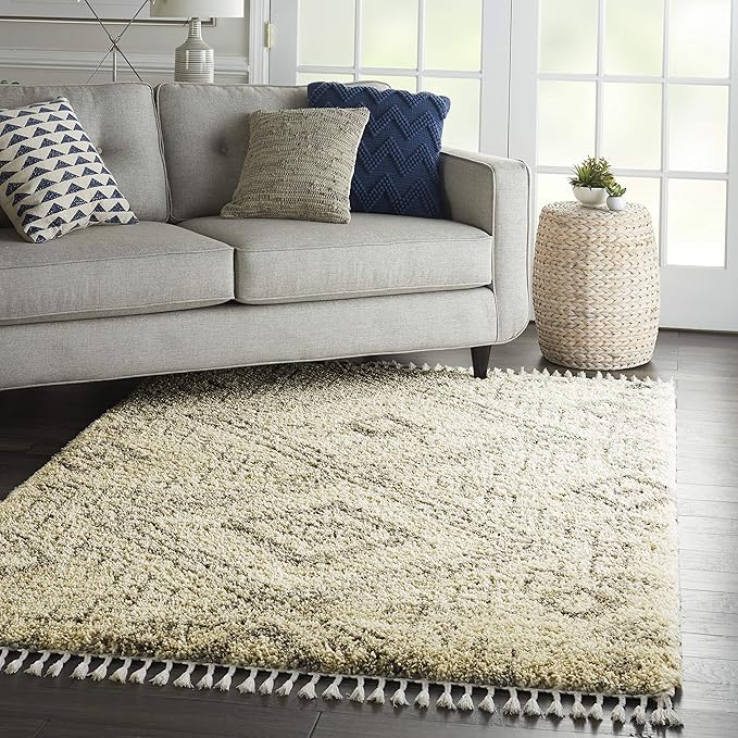 Nourison Home Scandinavian Shag Ivory/Grey 5'3" x 7'9" Area Rug, Easy Clean, Non Shedding, Bed Room, Living Room, Dining Room, Kitchen (5x8)