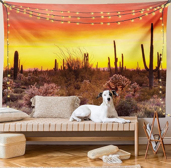 Ambesonne Saguaro Tapestry, Sun Rays Over Sonoran Desert at Sunset Brittle Bush Shrub Vibrant Colors, Wide Wall Hanging for Bedroom Living Room Dorm, 60" X 40", Red Orange Black