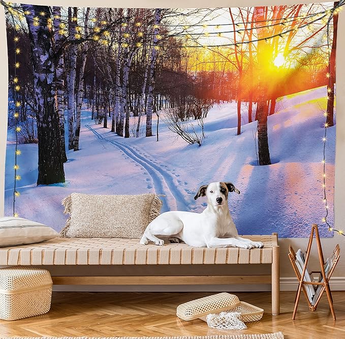 Ambesonne Nature Tapestry, Sunset in a Winter Park Russia Sun Rays Through Trees Pathway to Forest, Wall Hanging for Bedroom Living Room Dorm Decor, 40" X 60", Amber Brown