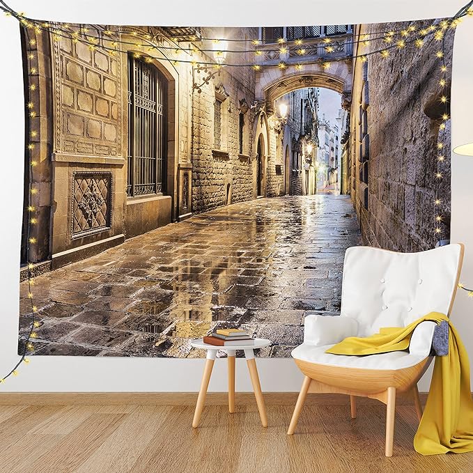 Lunarable City Tapestry, Narrow Street Gothic Design Architecture Carrer del Bisbe Barcelona Spain Europe, Wide Wall Hanging for Bedroom Living Room Dorm, 80" X 60", Tan Pale Brown
