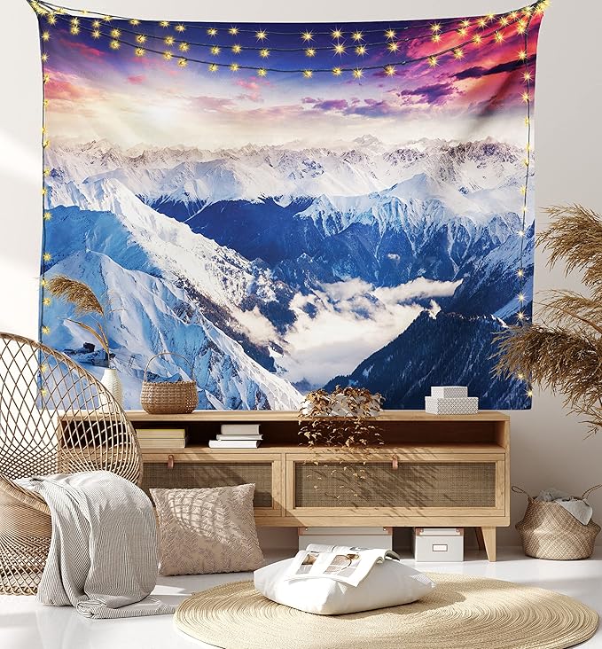 Ambesonne Europe Tapestry, Mountain Peak Snowy Winter Colorful Sky Sunbeams Adventure Austria, Wide Wall Hanging for Bedroom Living Room Dorm, 80" X 60", Coral Night