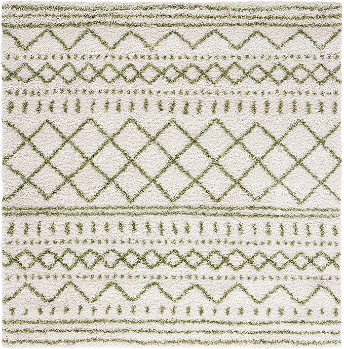 SAFAVIEH Arizona Shag Collection Area Rug - 6'7" Square, Ivory & Green, Moroccan Design, Non-Shedding & Easy Care, 1.6-inch Thick Ideal for High Traffic Areas in Living Room, Bedroom (ASG741Y)
