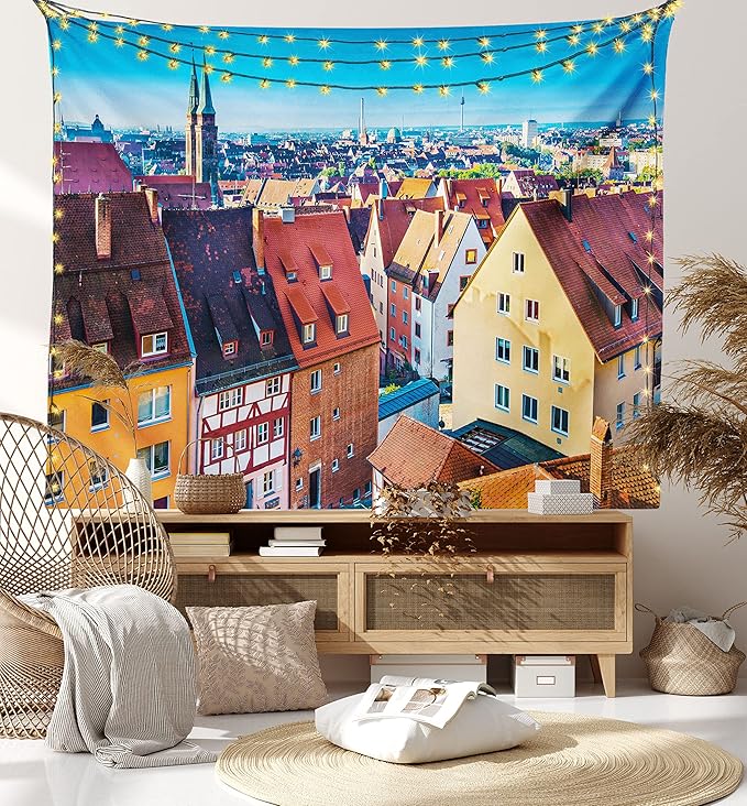 Lunarable City Tapestry, Aerial View of Historical German Town Nuremberg Skyline with Old Buildings View Print, Fabric Wall Hanging Decor for Bedroom Living Room Dorm, 45" X 30", Vermilion Aqua