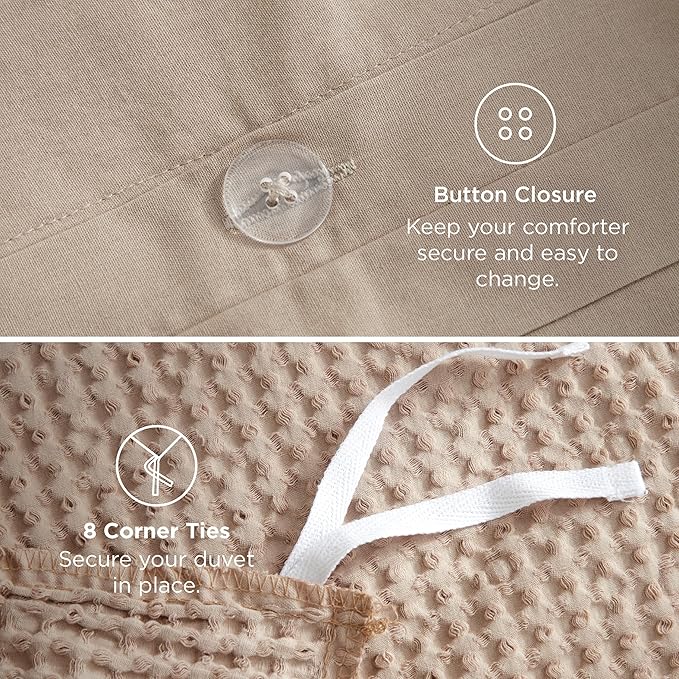 Bedsure 100% Cotton Duvet Cover King Size with Fitted Sheet - 4 Pieces Khaki Waffle Weave Bedding Set, GentleSoft™ and Breathable, Includes 1 Duvet Cover 104x90, 1 Fitted Sheet, 2 Pillow Shams