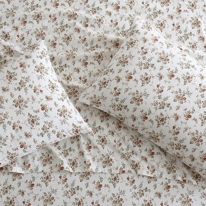 Laura Ashley - Flannel Sheets King Size, Anti-Pilling & Wrinkle Resistant Cotton, Touchably Soft for All-Season Comfort - Bed Sheets with Matching Pillowcases & Fitted Sheet (Le Fleur Orange)