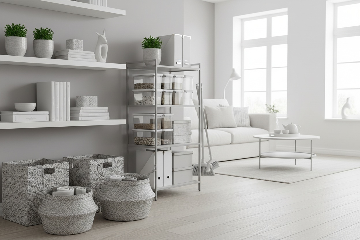 At TidyNest Home, we make tidying effortless so leisure can begin. Explore our carefully designed storage, organizers, and cleaning solutions in soothing white and light gray tones. Create a calm, clutter-free home where every item has its place and relaxation comes naturally. (make it real photo)