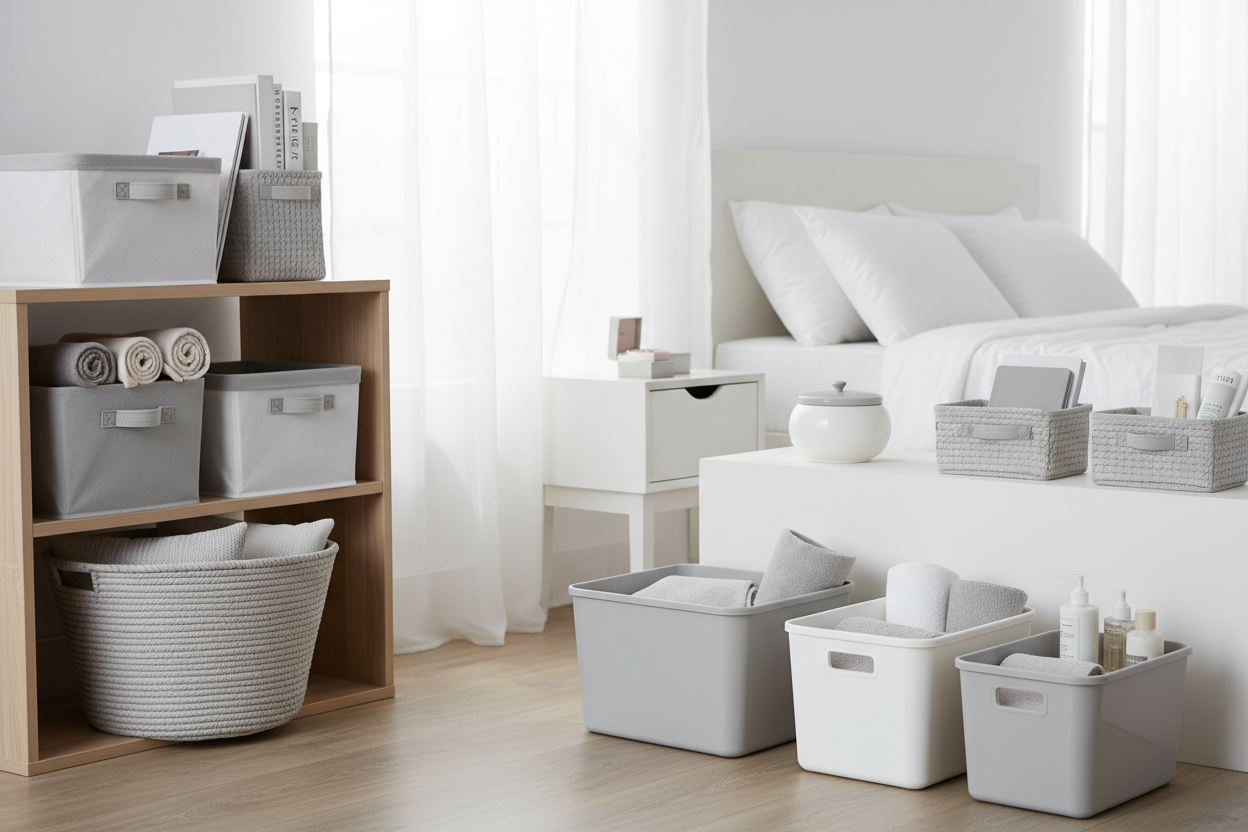Multi-Purpose Bins & Baskets – Elegant white and light gray designs perfect for any room, keeping items neatly stored yet easily accessible. (make it real photo)