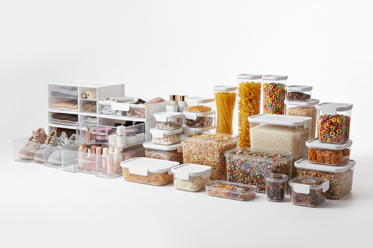 Storage Containers & Organizers – Stackable, modular solutions for kitchens, closets, and pantries that maximize space and keep everything in its place. (make it real photo)