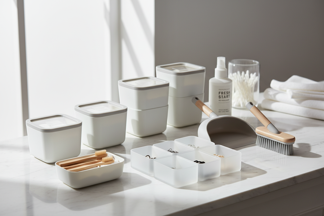 We specialize in home organization and cleaning solutions that are as functional as they are beautiful. From sleek storage containers and drawer organizers to innovative cleaning tools, our products are designed to simplify your daily routines while keeping your home looking fresh and serene. With a palette of white and light gray, and a design philosophy that is clear and gentle, everything we offer blends effortlessly into your living space. (make it real photo)